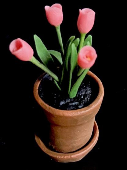 Tulpen (rosa) in Tontopf. Handarbeit.