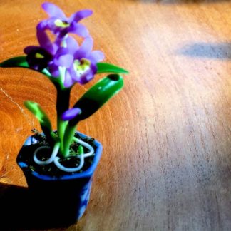 Orchidee (violett) in eckigem Topf. Handarbeit.